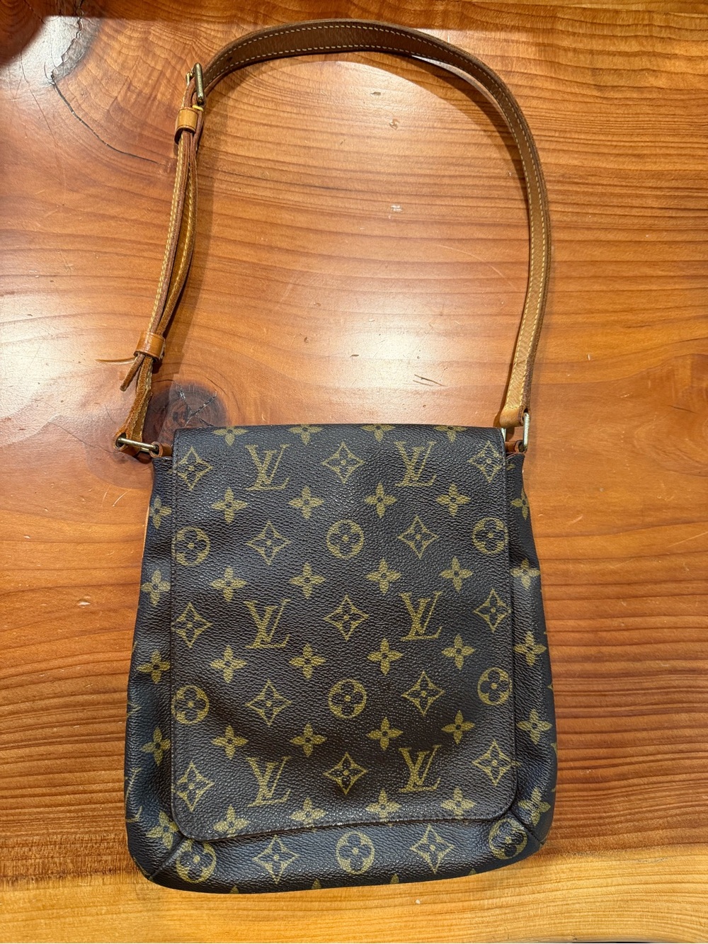 Louis Vuitton Brown Monogram Shoulder Bag with Tan Strap